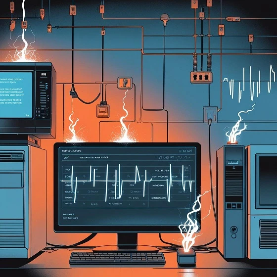 Illustration of a home with power dips and sagging voltage. Show affected appliances like computers and TVs with a visual of voltage drops and fluctuating power.