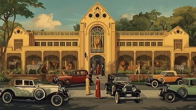 Art deco style illustration of Louis Goebel's Lion Farm with vintage cars, visitors, and exotic animals, capturing 1920s entertainment atmosphere