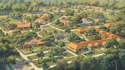 Mid-century modern illustration showing the Janss family's planned community concept with residential areas integrated among preserved oak trees, 1950s architectural style