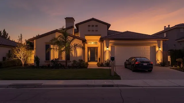 Modern California suburban home in Thousand Oaks with warm sunset lighting, showcasing exterior LED landscape lighting