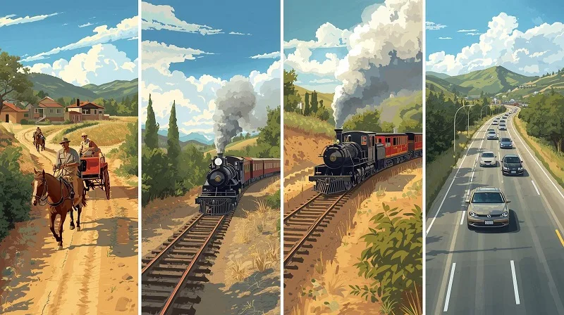 Sequential illustration showing transportation evolution from stagecoaches to modern freeways through the Conejo Valley