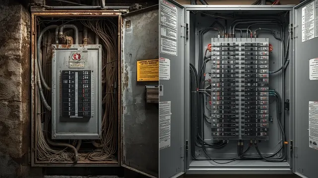 Split screen comparison image LEFT side shows old outdated electrical panel with rust, RIGHT side shows modern 200-amp electrical panel