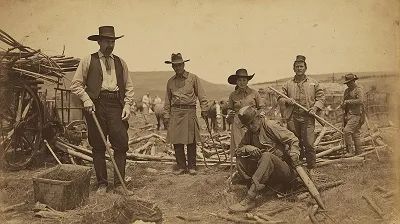 Vintage sepia photograph style image of early pioneer families like the Borchards or Pedersons working on their ranch with period-appropriate clothing and tools_