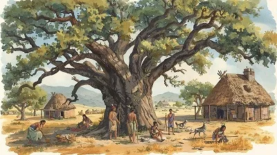 Watercolor illustration of Chumash Native Americans living peacefully among giant oak trees in the Conejo Valley, with traditional dwellings and daily life activities, warm earth tones_