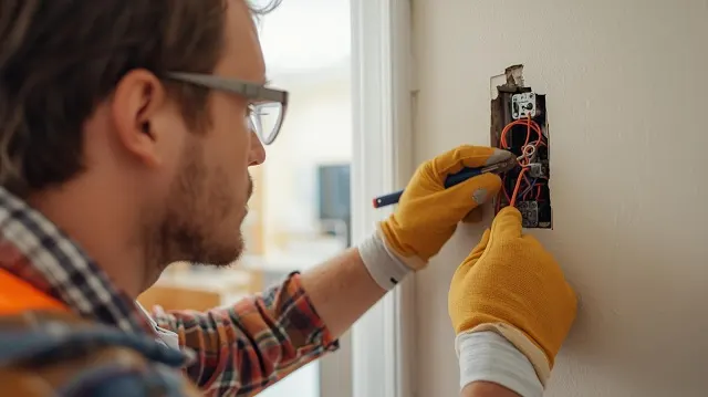 electrician professionally replacing a damaged electrical outlet in a home. The image should show the electrician carefully handling the outlet and wiring, ensuring safety