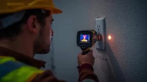 electrician using a thermal imaging camera to inspect a wall outlet, with the thermal image showing hot spots behind the outlet, indicating potential electrical issues or overheating