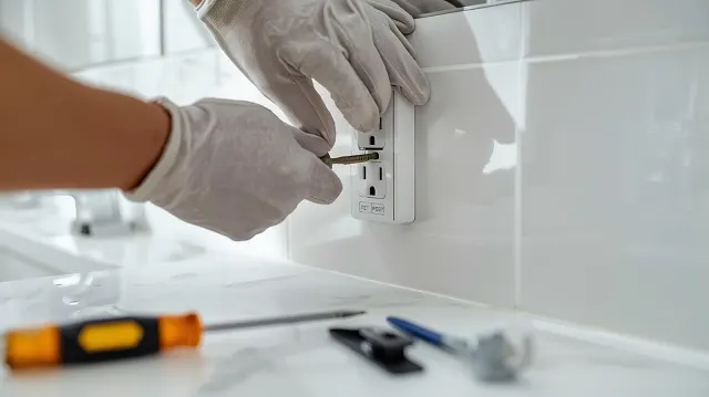 electrician's hands installing white GFCI outlet in modern bathroom, test and reset buttons visible, professional tools on counter, clean tile background, bright natural lighting