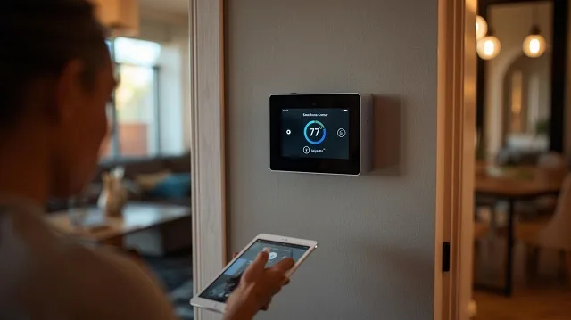 home interior showing smart home control panel on wall, homeowner using tablet to control lighting, visible smart thermostat