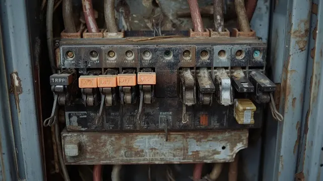 image of a circuit breaker panel in a home, with multiple breakers visibly tripped or switched off. The panel should look old, with some signs of wear and potential electrical issues