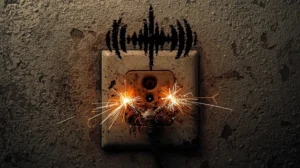 image of an electrical outlet with sparks and a buzzing noise symbol above it, indicating electrical problems. The outlet should look worn, and the sparks should be visibly dangerous.