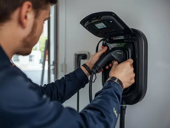 Our electrician installing a modern electric vehicle charging station at a residential property.