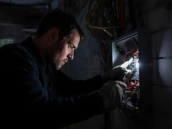 Our technician addressing an emergency situation, working on exposed wiring checking a circuit box during a power outage with a flashlight.