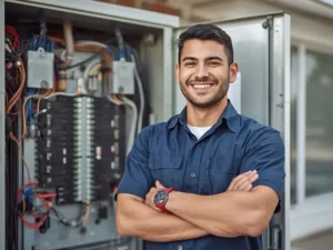Our technician in a uniform showing professionalism, standing with smiley face.